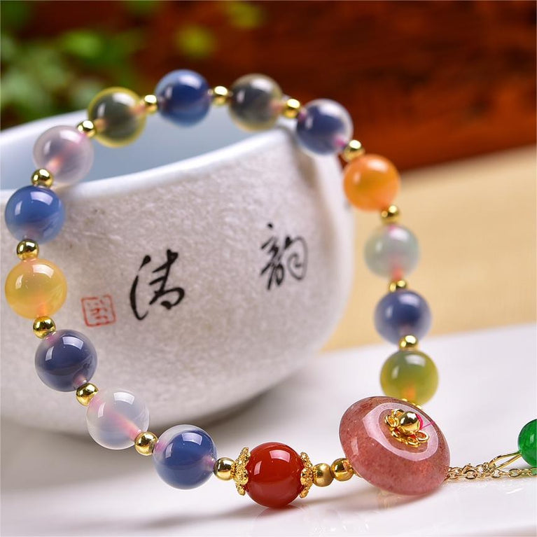 Natural Sugar Agate Designed Bracelet with Strawberry Quartz Donut