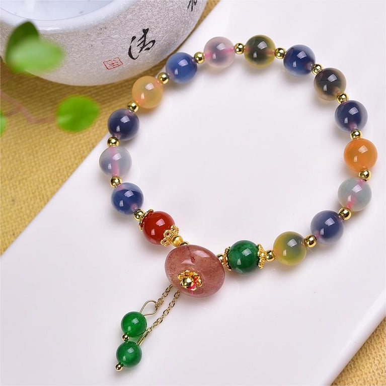 Natural Sugar Agate Designed Bracelet with Strawberry Quartz Donut