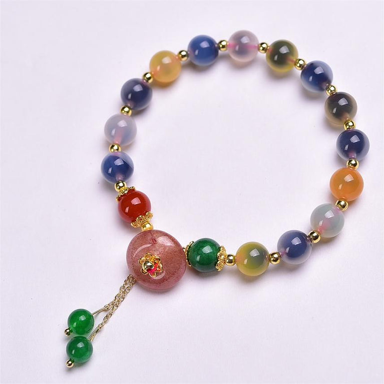 Natural Sugar Agate Designed Bracelet with Strawberry Quartz Donut