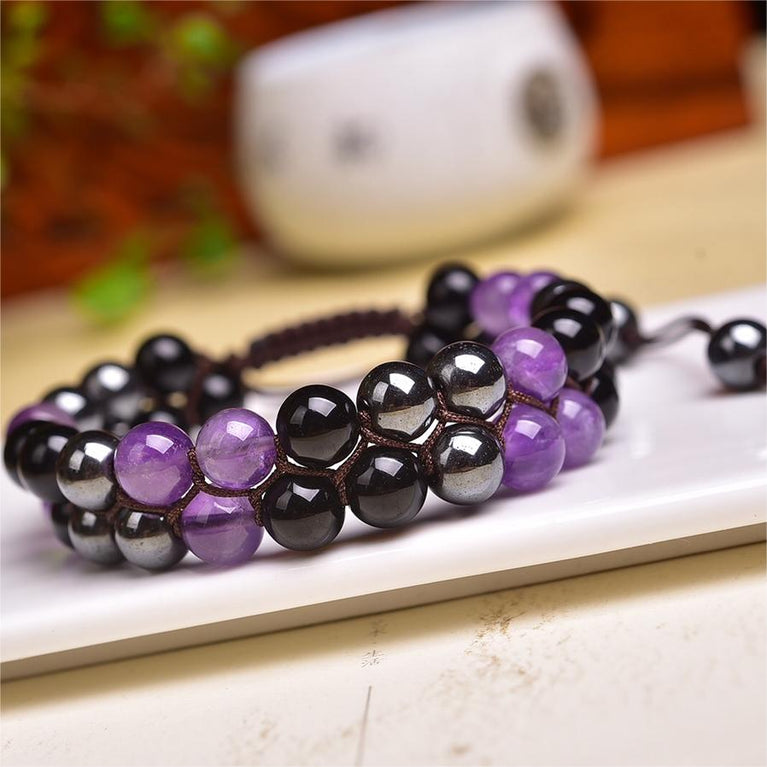 Natural Amethyst Obsidian Hematite Knitted Bracelet Adjustable