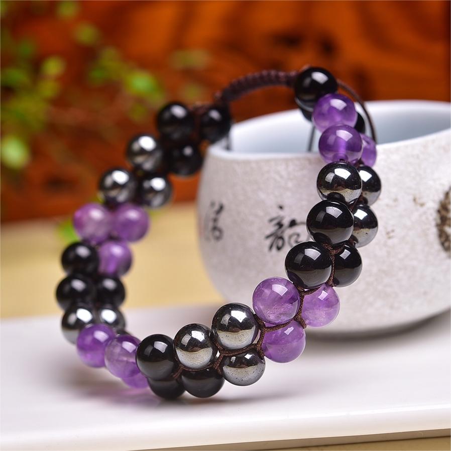 Natural Amethyst Obsidian Hematite Knitted Bracelet Adjustable