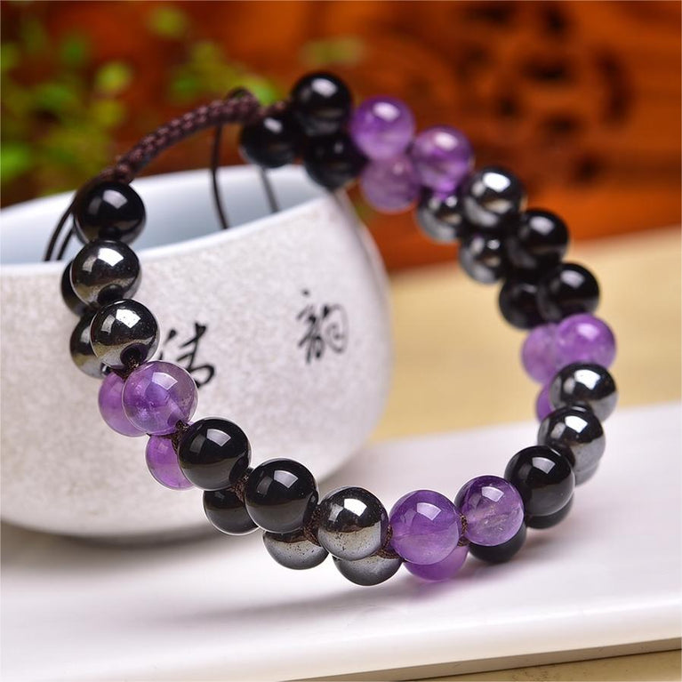 Natural Amethyst Obsidian Hematite Knitted Bracelet Adjustable