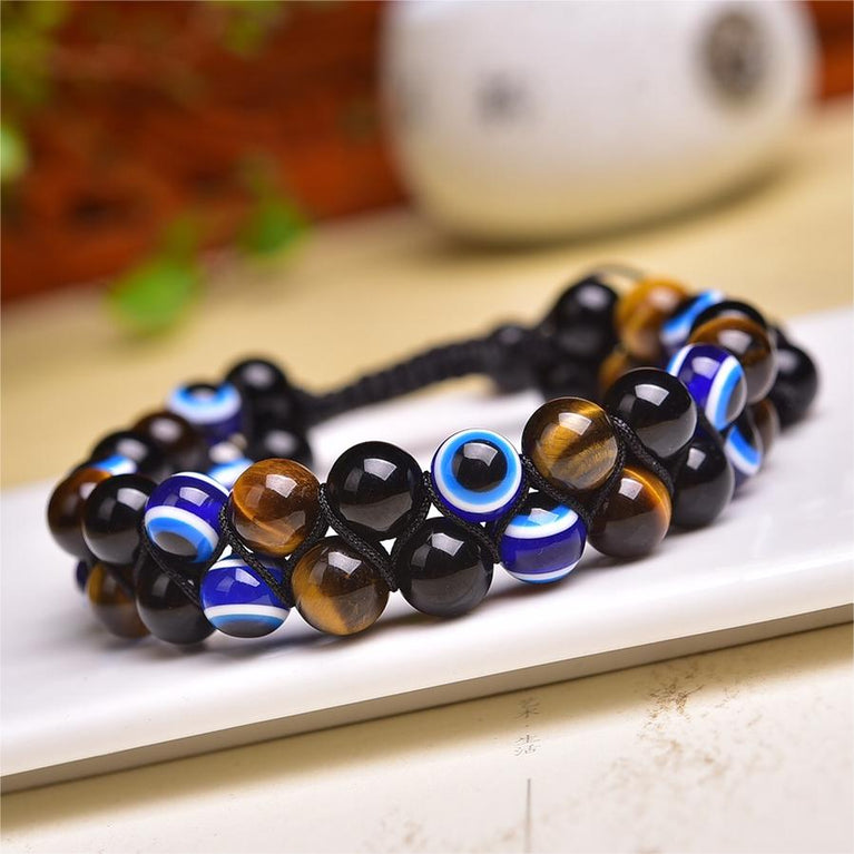 Evil Eye Obsidian Tiger Eye Knitted Bracelet Adjustable