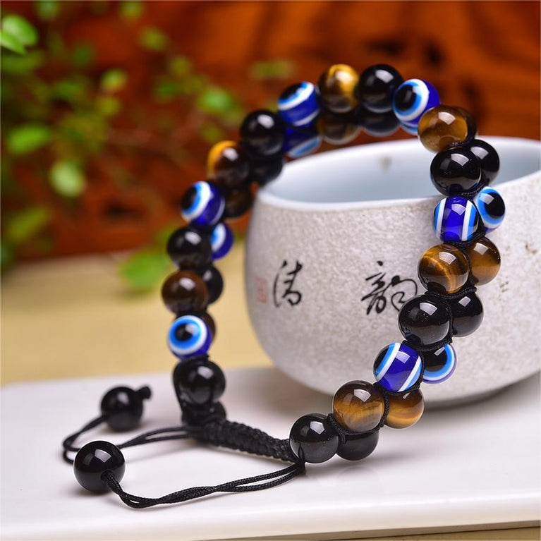 Evil Eye Obsidian Tiger Eye Knitted Bracelet Adjustable