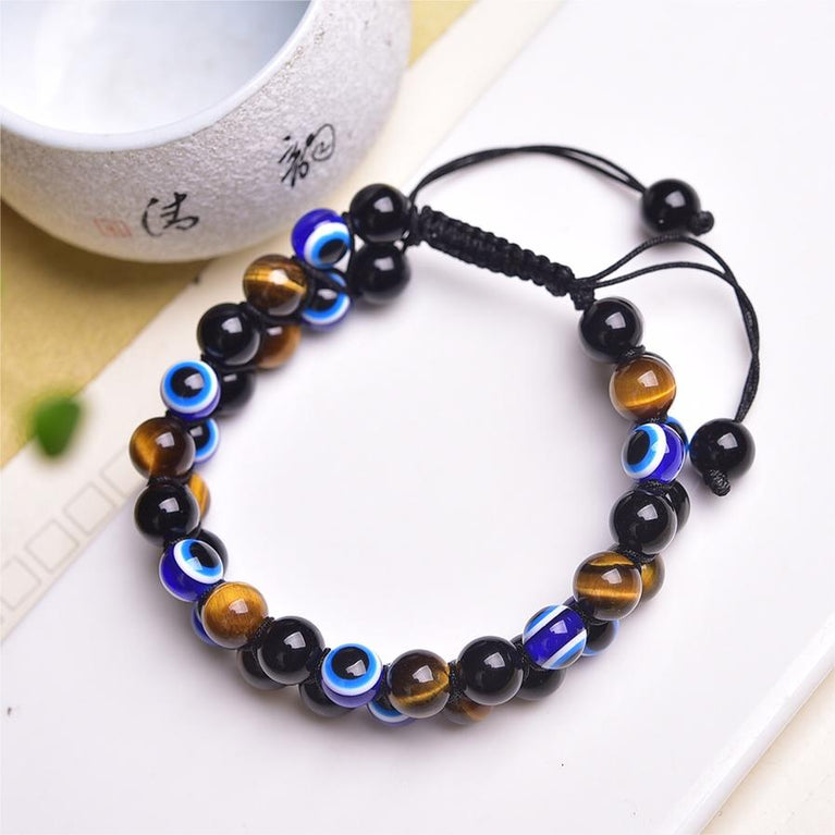 Evil Eye Obsidian Tiger Eye Knitted Bracelet Adjustable