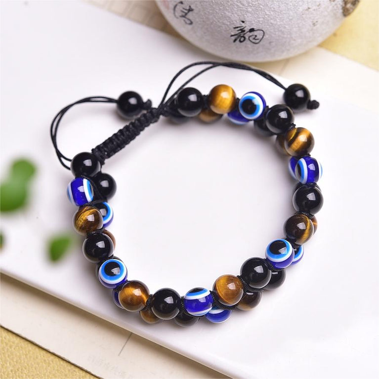 Evil Eye Obsidian Tiger Eye Knitted Bracelet Adjustable