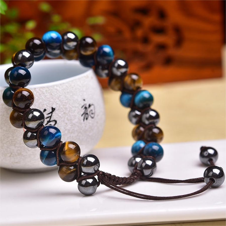 Blue Yellow Tiger Eye Hematite Knitted Bracelet Adjustable