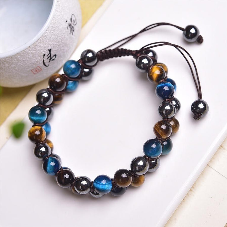 Blue Yellow Tiger Eye Hematite Knitted Bracelet Adjustable