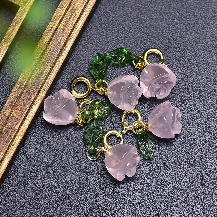 Natural Rose Quartz Rose Flower Jewelry Charms Pendants