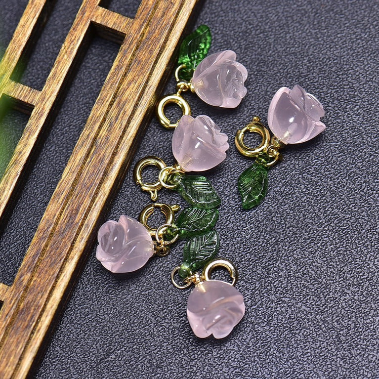 Natural Rose Quartz Rose Flower Jewelry Charms Pendants