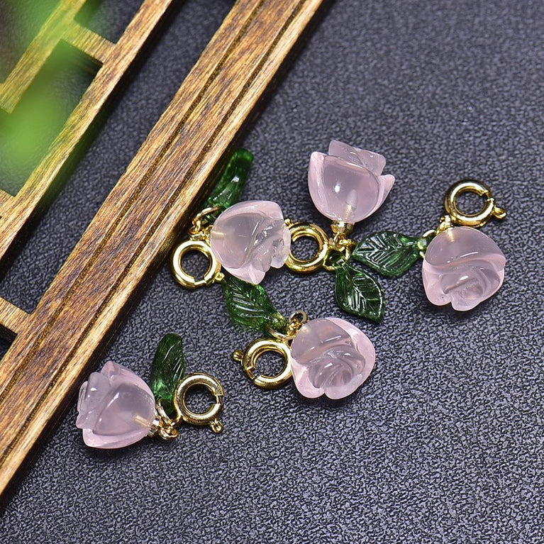 Natural Rose Quartz Rose Flower Jewelry Charms Pendants