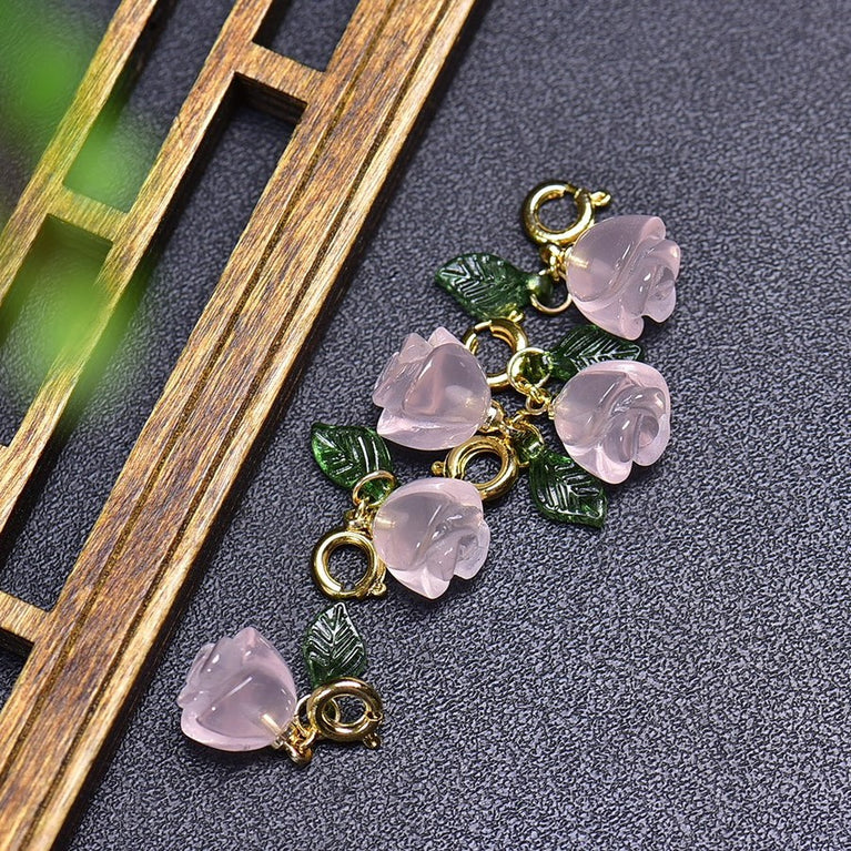 Natural Rose Quartz Rose Flower Jewelry Charms Pendants