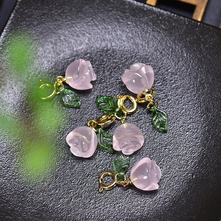 Natural Rose Quartz Rose Flower Jewelry Charms Pendants