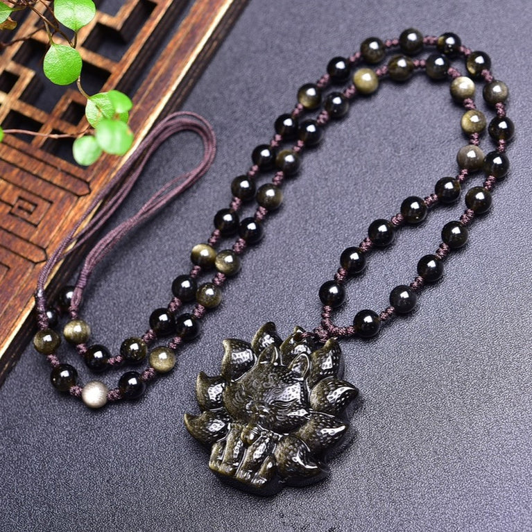 Natural Golden Sheen Obsidian Nine-tailed Fox Pendant Necklace Fashion Jewelry