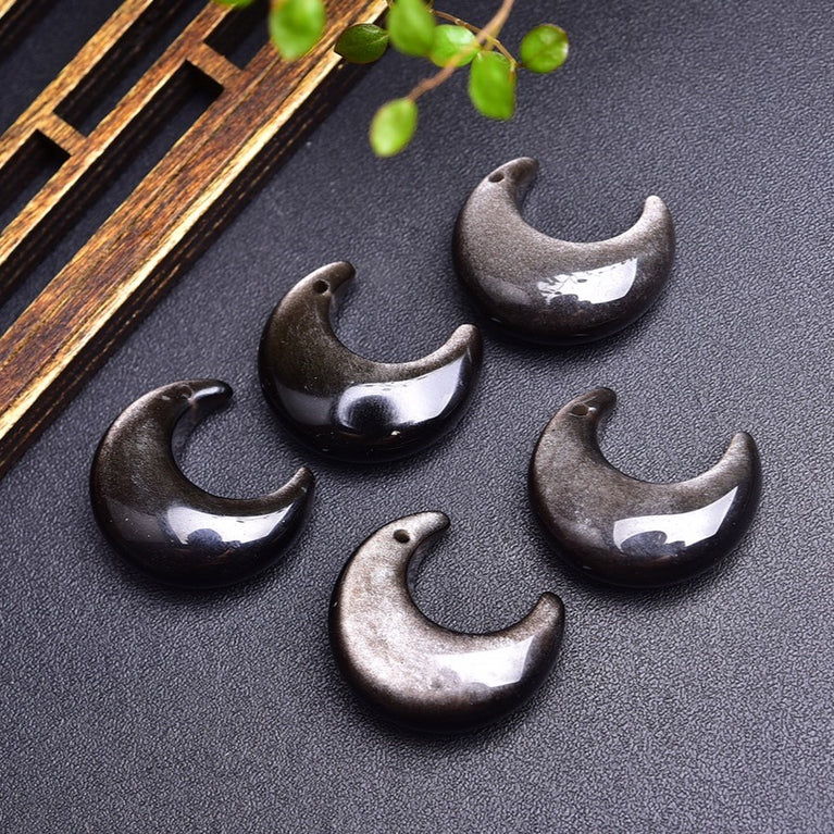 Natural Silver Sheen Obsidian Moon Pendant Fashion Jewelry