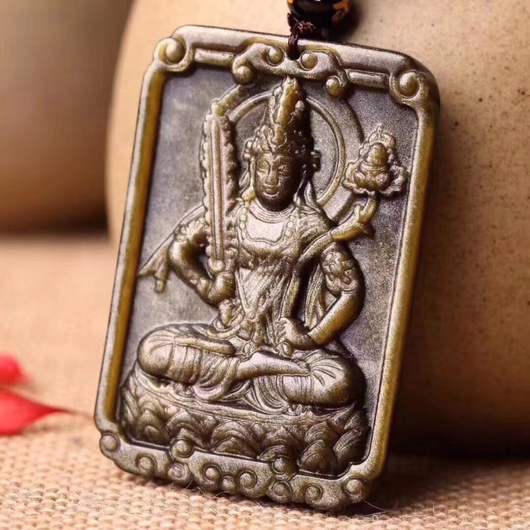 Natural Golden Sheen Obsidian Guardian God Buddha Pendant Necklace Fashion Jewelry