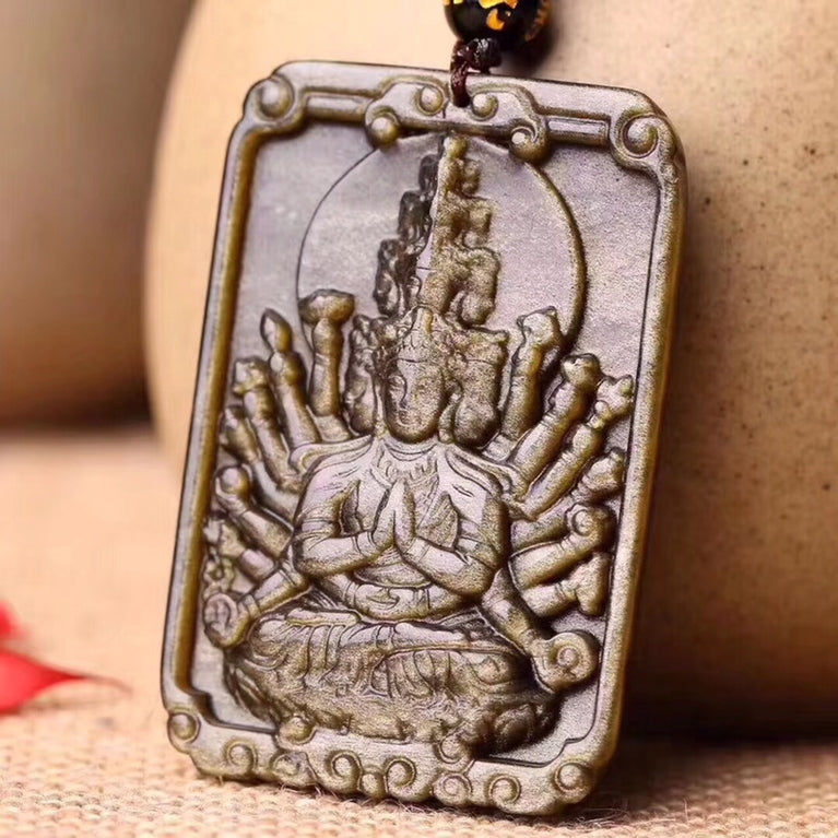 Natural Golden Sheen Obsidian Guardian God Buddha Pendant Necklace Fashion Jewelry