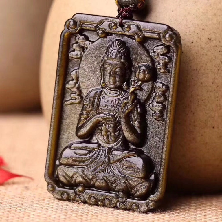 Natural Golden Sheen Obsidian Guardian God Buddha Pendant Necklace Fashion Jewelry