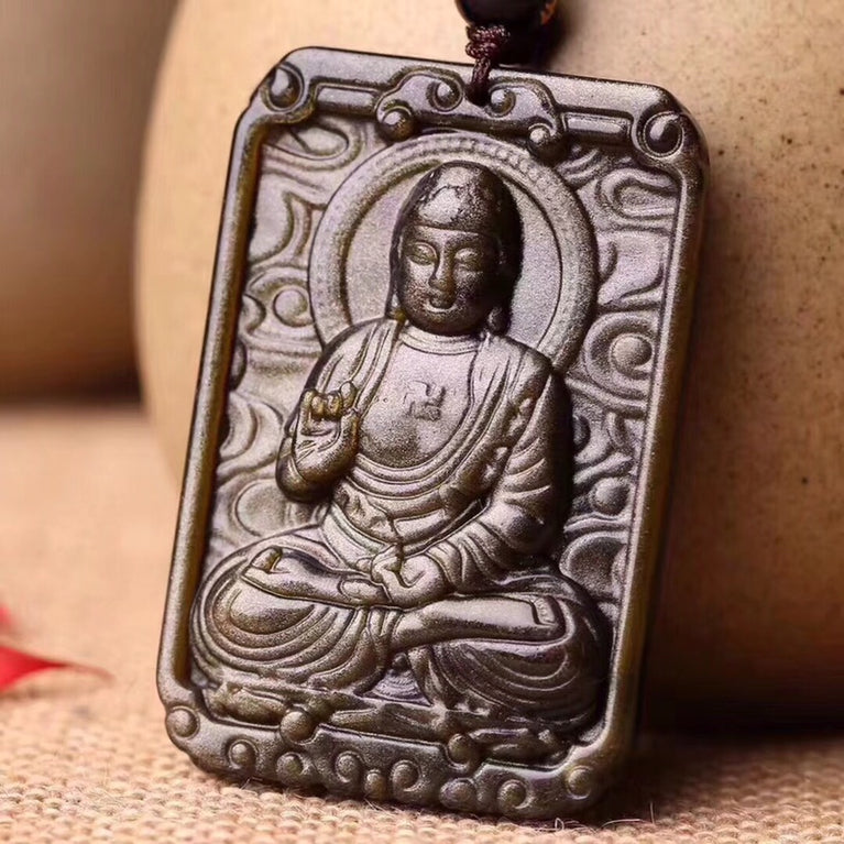 Natural Golden Sheen Obsidian Guardian God Buddha Pendant Necklace Fashion Jewelry