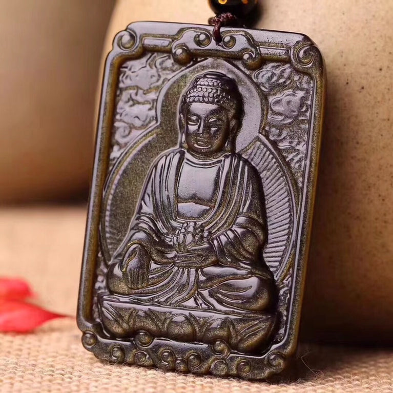 Natural Golden Sheen Obsidian Guardian God Buddha Pendant Necklace Fashion Jewelry