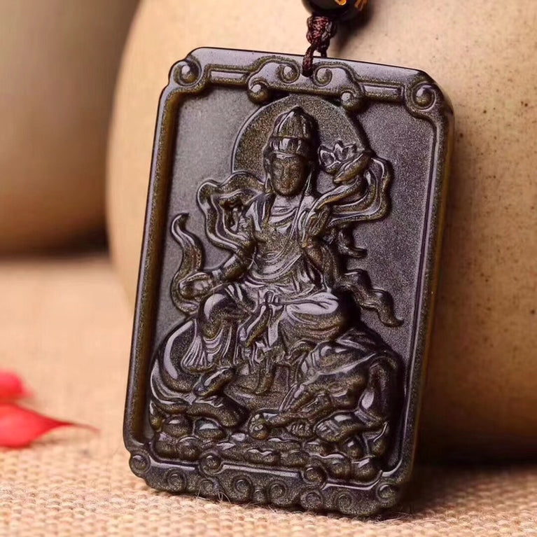 Natural Golden Sheen Obsidian Guardian God Buddha Pendant Necklace Fashion Jewelry