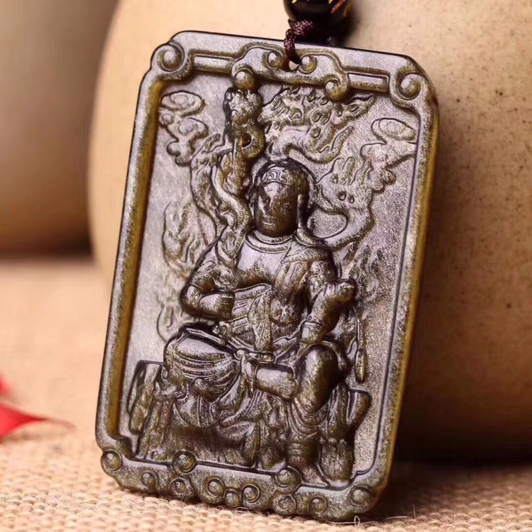 Natural Golden Sheen Obsidian Guardian God Buddha Pendant Necklace Fashion Jewelry