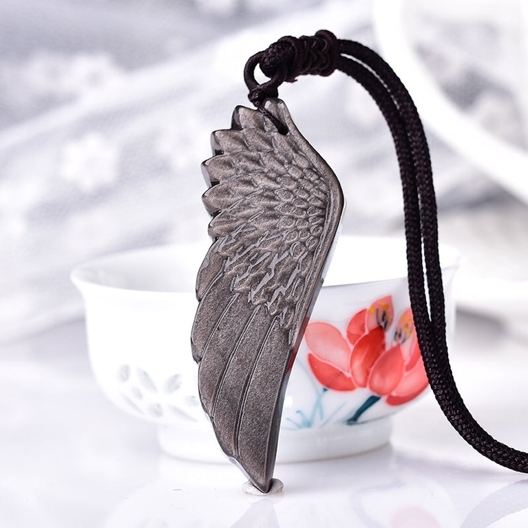 Natural Silver Sheen Obsidian Angel Wing Pendant Necklace Fashion Jewelry