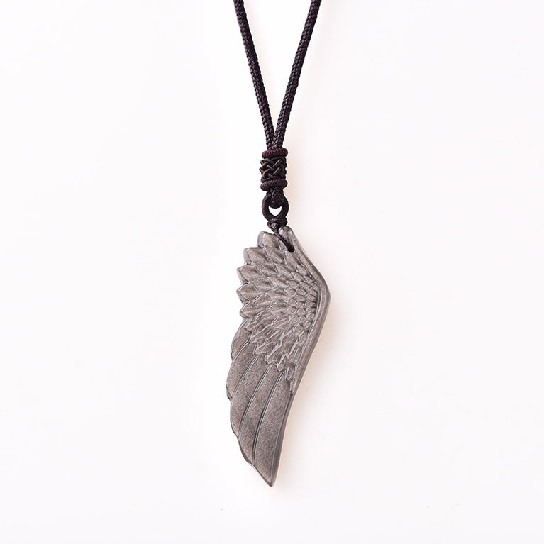 Natural Silver Sheen Obsidian Angel Wing Pendant Necklace Fashion Jewelry