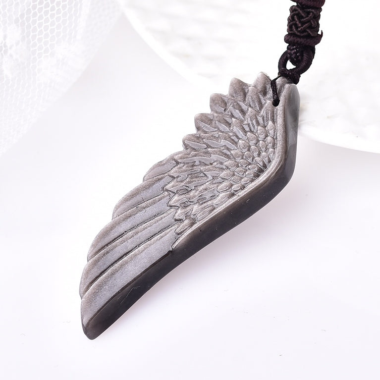 Natural Silver Sheen Obsidian Angel Wing Pendant Necklace Fashion Jewelry