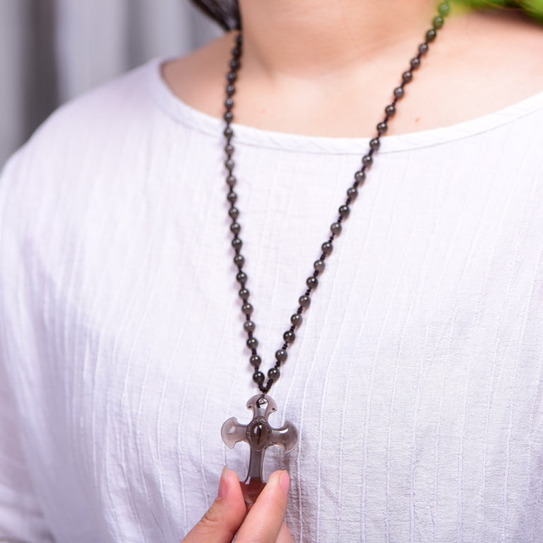 Natural Icy Obsidian Cross Pendant Necklace Fashion Jewelry