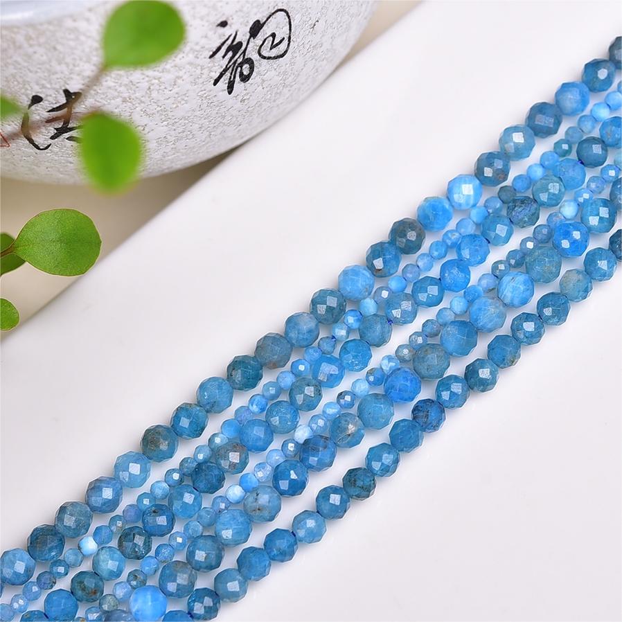 Natural Blue Apatite Faceted Round Beads Strands Loose Beads Jewelry DIY Bracelets