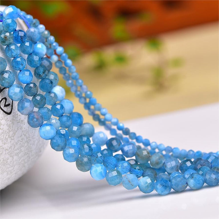 Natural Blue Apatite Faceted Round Beads Strands Loose Beads Jewelry DIY Bracelets