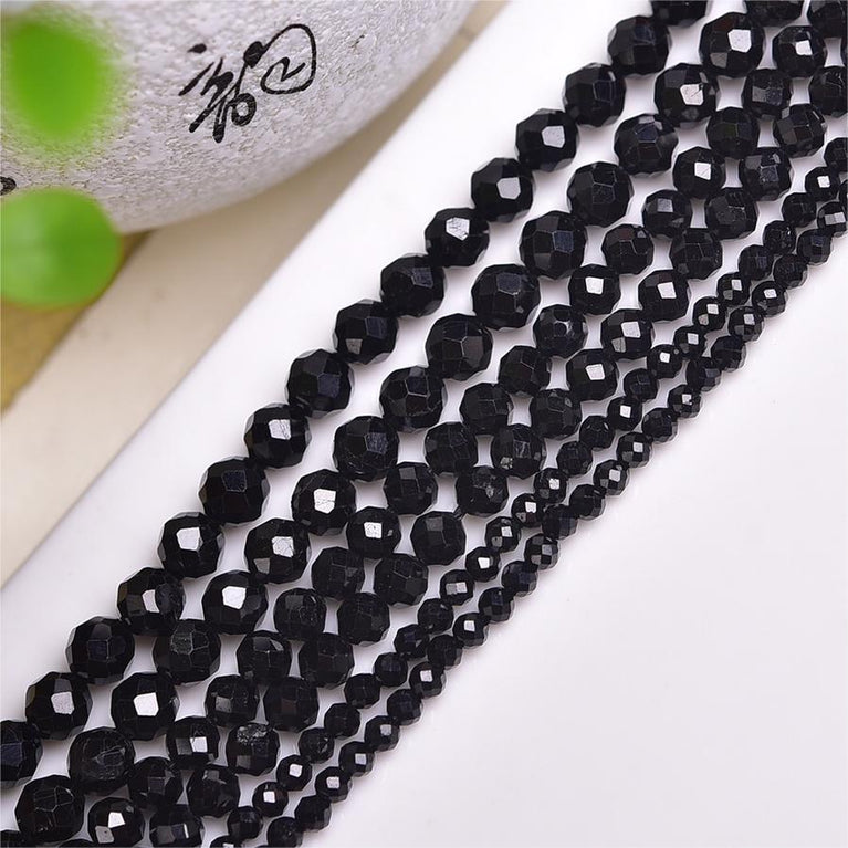 Natural Black Tourmaline Faceted Round Beads Strands Loose Beads Jewelry DIY Bracelets