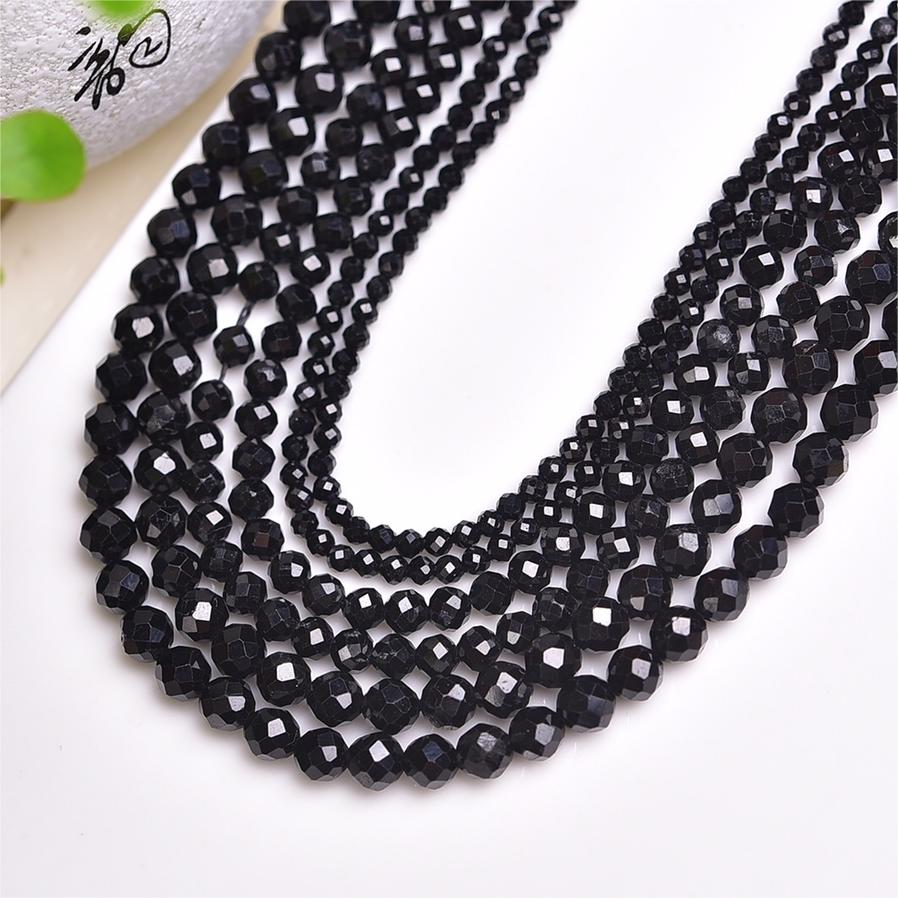 Natural Black Tourmaline Faceted Round Beads Strands Loose Beads Jewelry DIY Bracelets