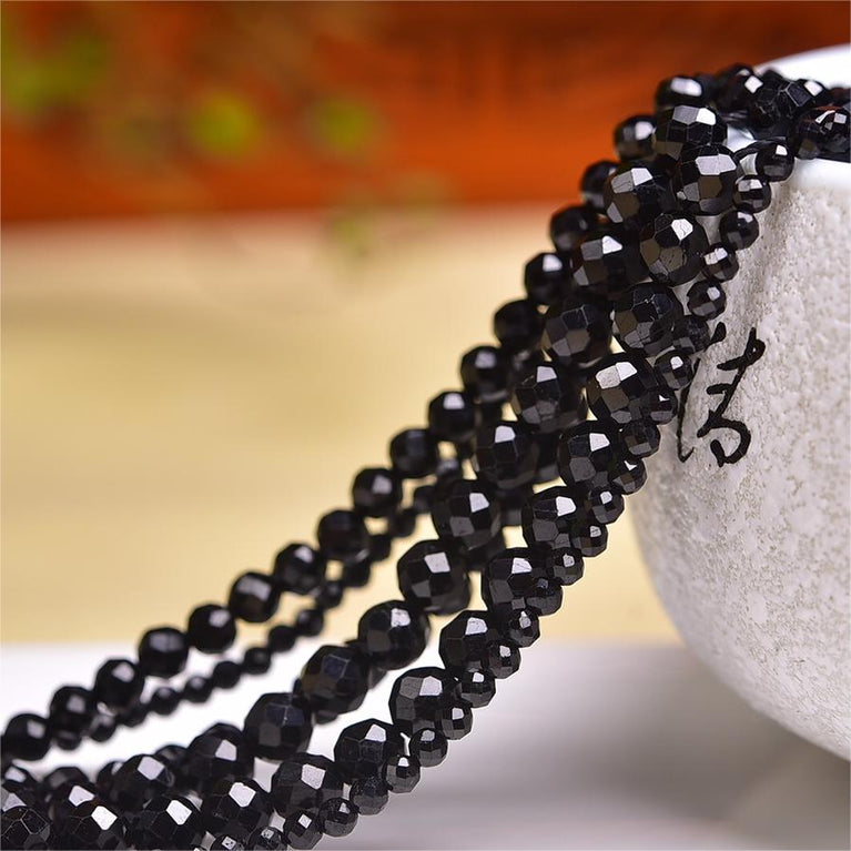 Natural Black Tourmaline Faceted Round Beads Strands Loose Beads Jewelry DIY Bracelets