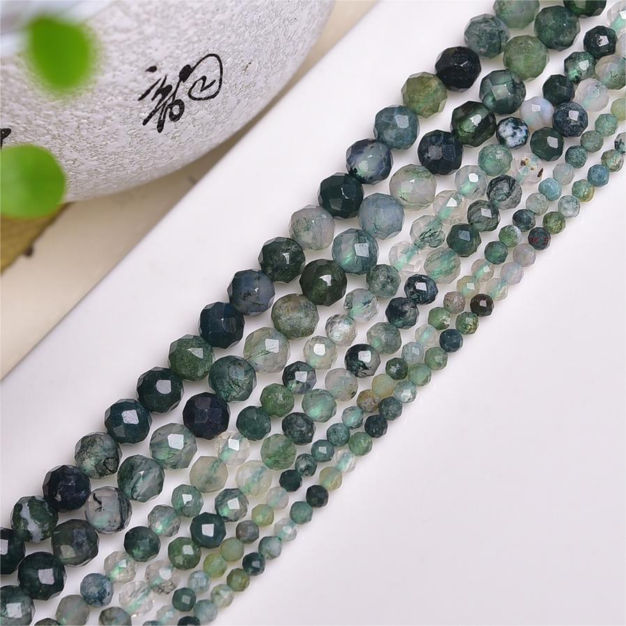 Natural Moss Agate Faceted Round Beads Strands Loose Beads Jewelry DIY Bracelets