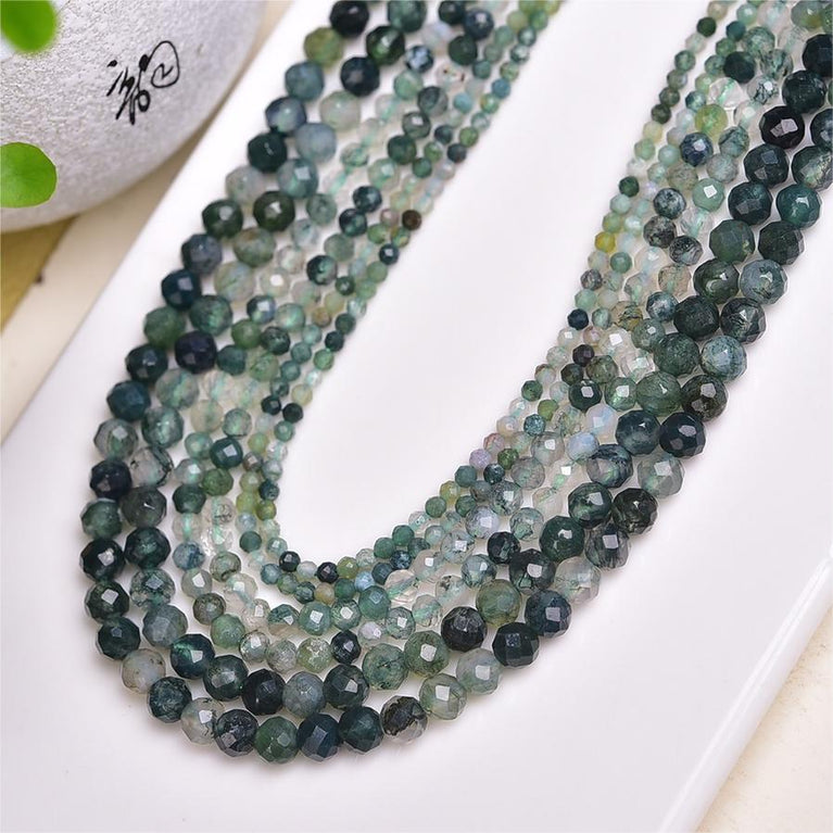 Natural Moss Agate Faceted Round Beads Strands Loose Beads Jewelry DIY Bracelets