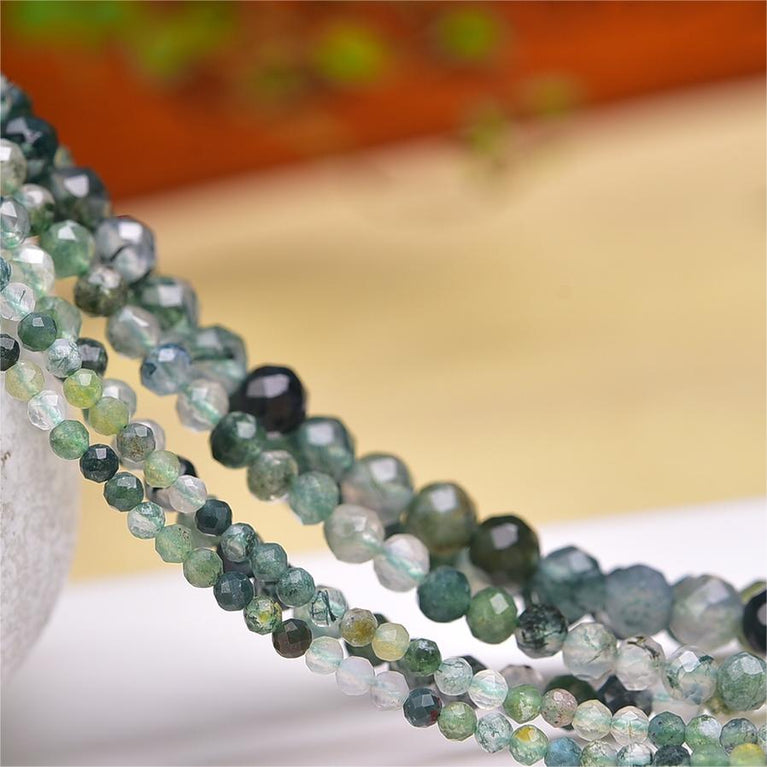 Natural Moss Agate Faceted Round Beads Strands Loose Beads Jewelry DIY Bracelets