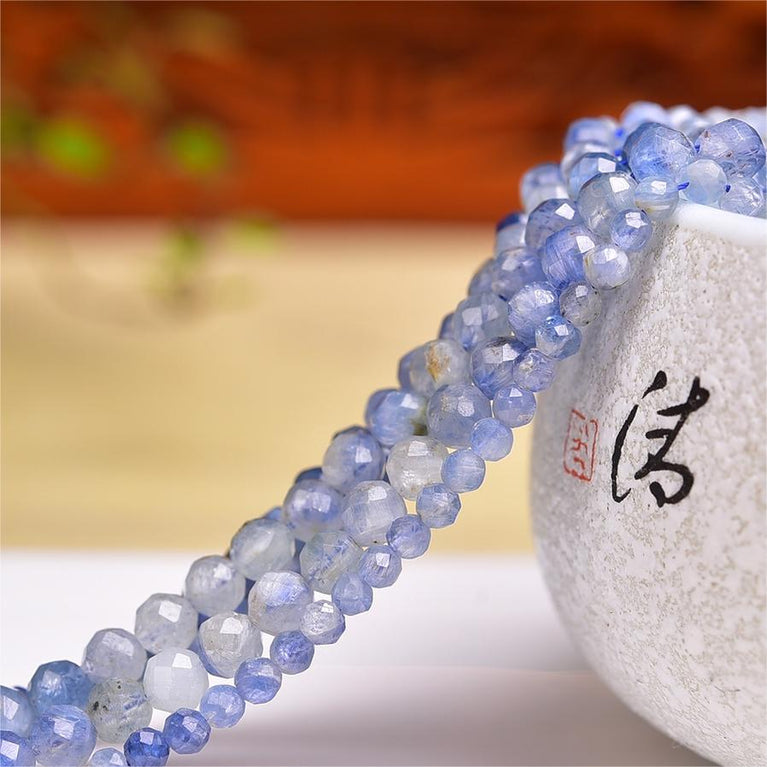 Natural Ombre Blue Kynite Faceted Round Beads Strands Loose Beads Jewelry DIY Bracelets