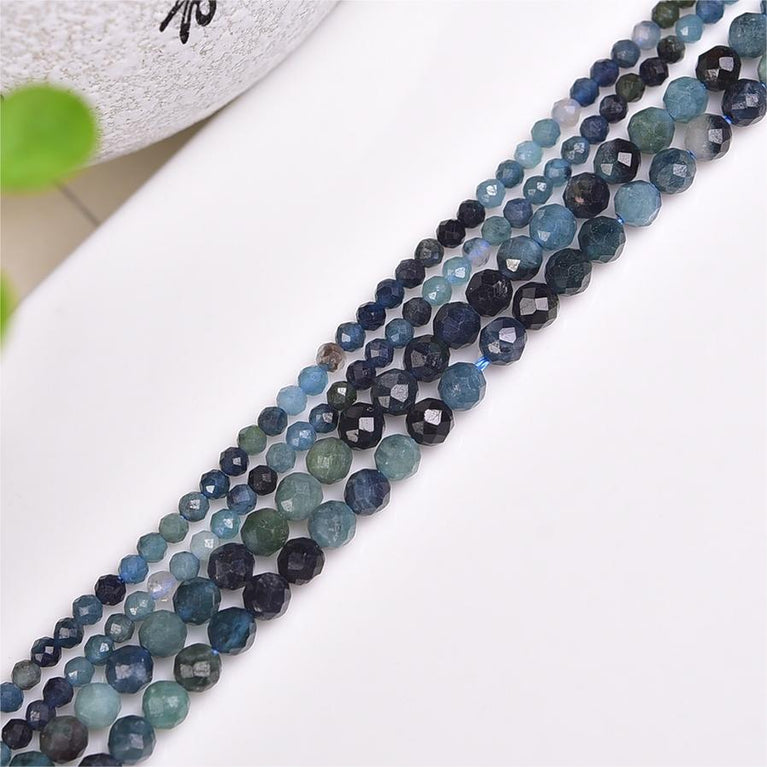 Natural Blue Tourmaline Faceted Round Beads Strands Loose Beads Jewelry DIY Bracelets