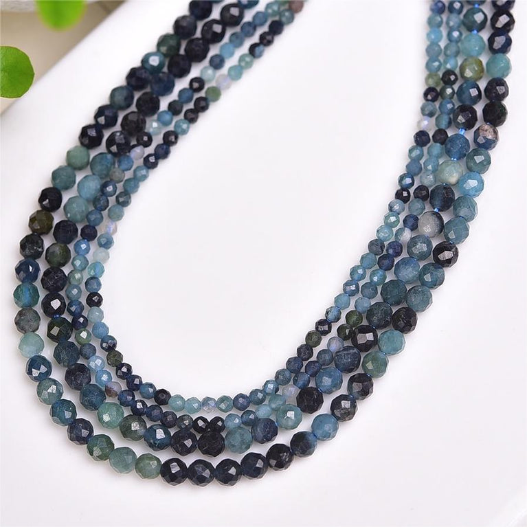 Natural Blue Tourmaline Faceted Round Beads Strands Loose Beads Jewelry DIY Bracelets