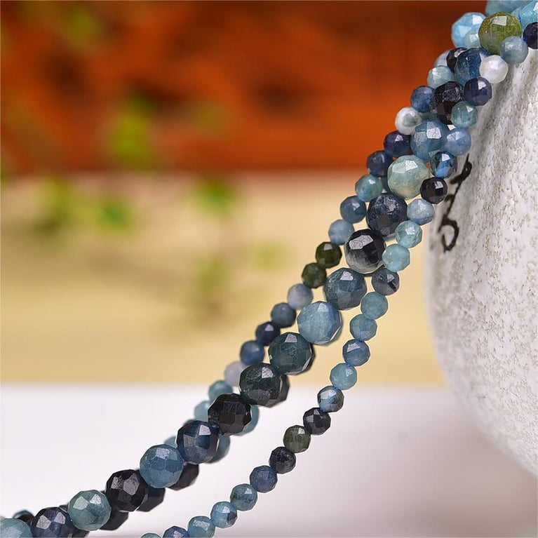 Natural Blue Tourmaline Faceted Round Beads Strands Loose Beads Jewelry DIY Bracelets