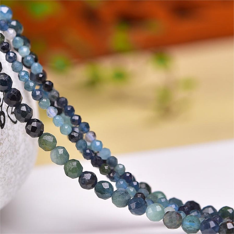 Natural Blue Tourmaline Faceted Round Beads Strands Loose Beads Jewelry DIY Bracelets