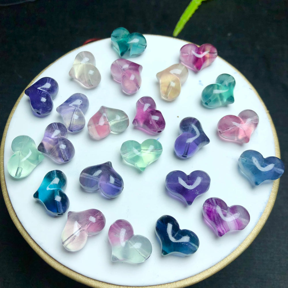 Natural Fluorite Puffy Heart Jewelry Charms Mini Carvings Confetti