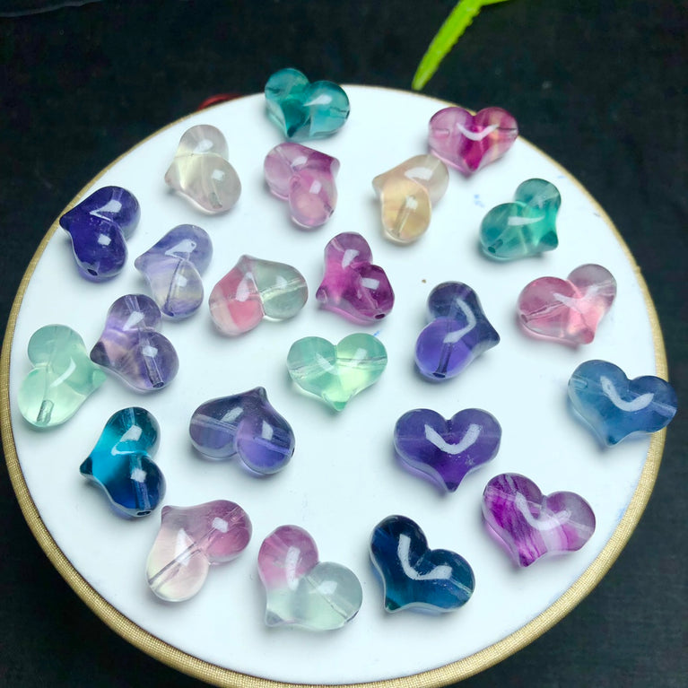 Natural Fluorite Puffy Heart Jewelry Charms Mini Carvings Confetti