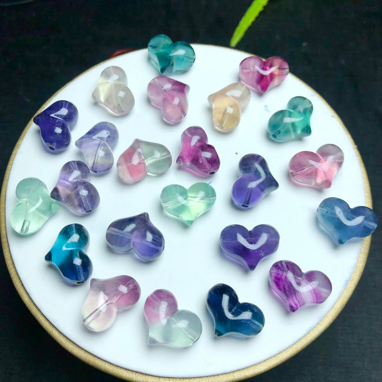 Natural Fluorite Puffy Heart Jewelry Charms Mini Carvings Confetti