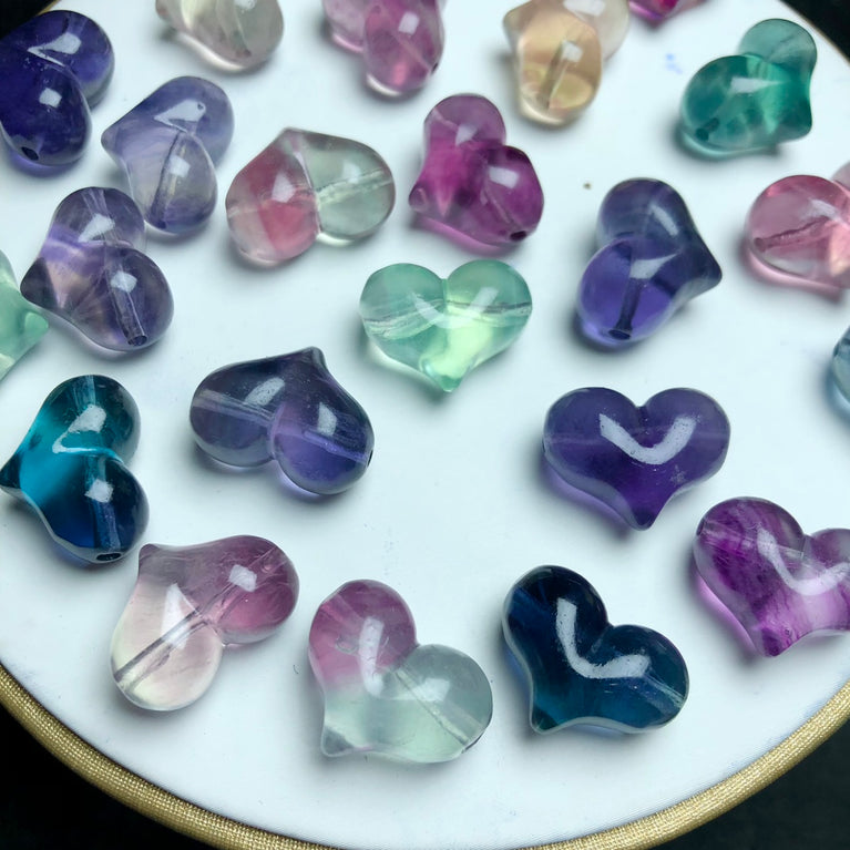 Natural Fluorite Puffy Heart Jewelry Charms Mini Carvings Confetti