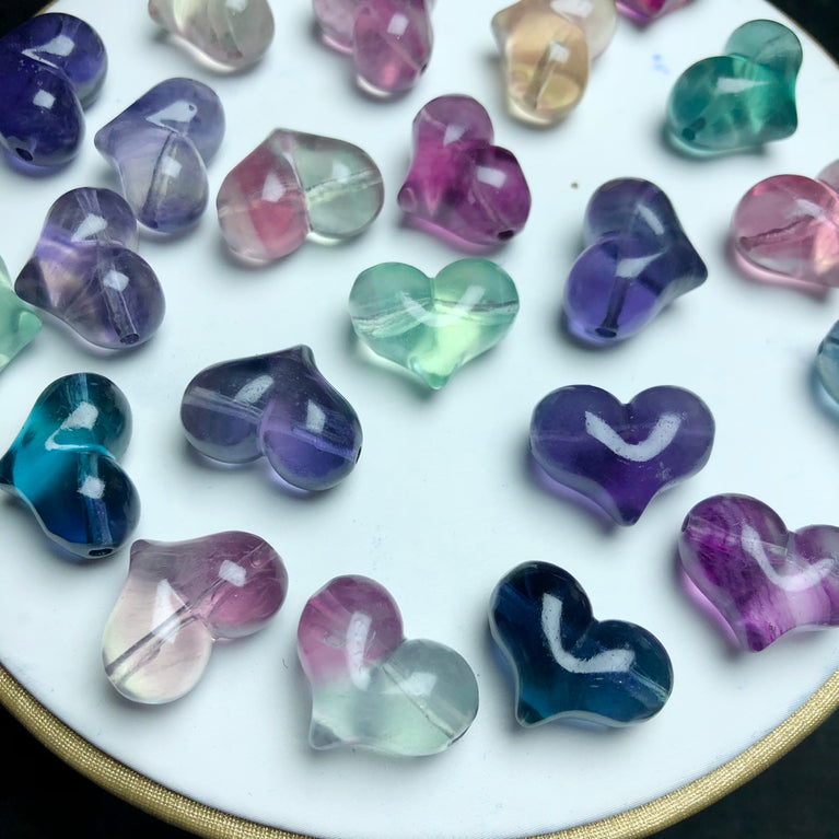 Natural Fluorite Puffy Heart Jewelry Charms Mini Carvings Confetti