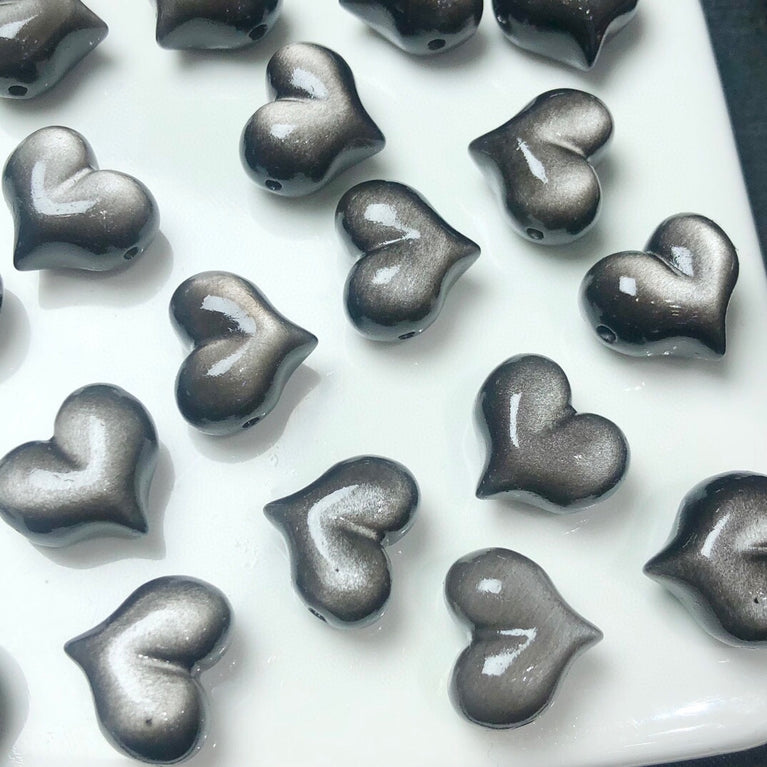 Natural Silver Obsidian Puffy Heart Jewelry Charms Mini Carvings Confetti