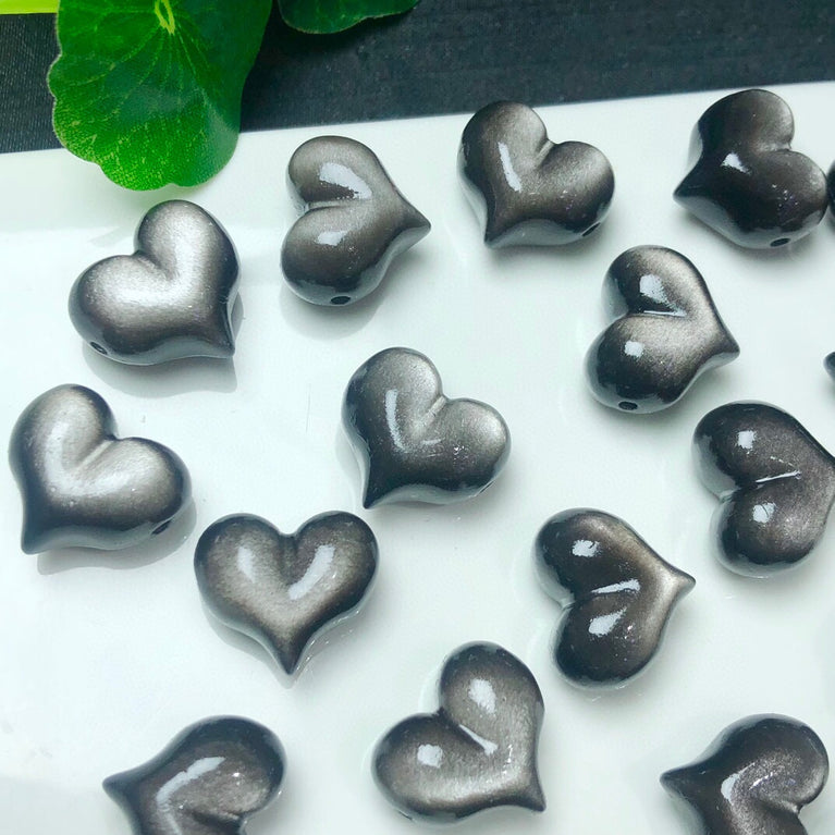 Natural Silver Obsidian Puffy Heart Jewelry Charms Mini Carvings Confetti